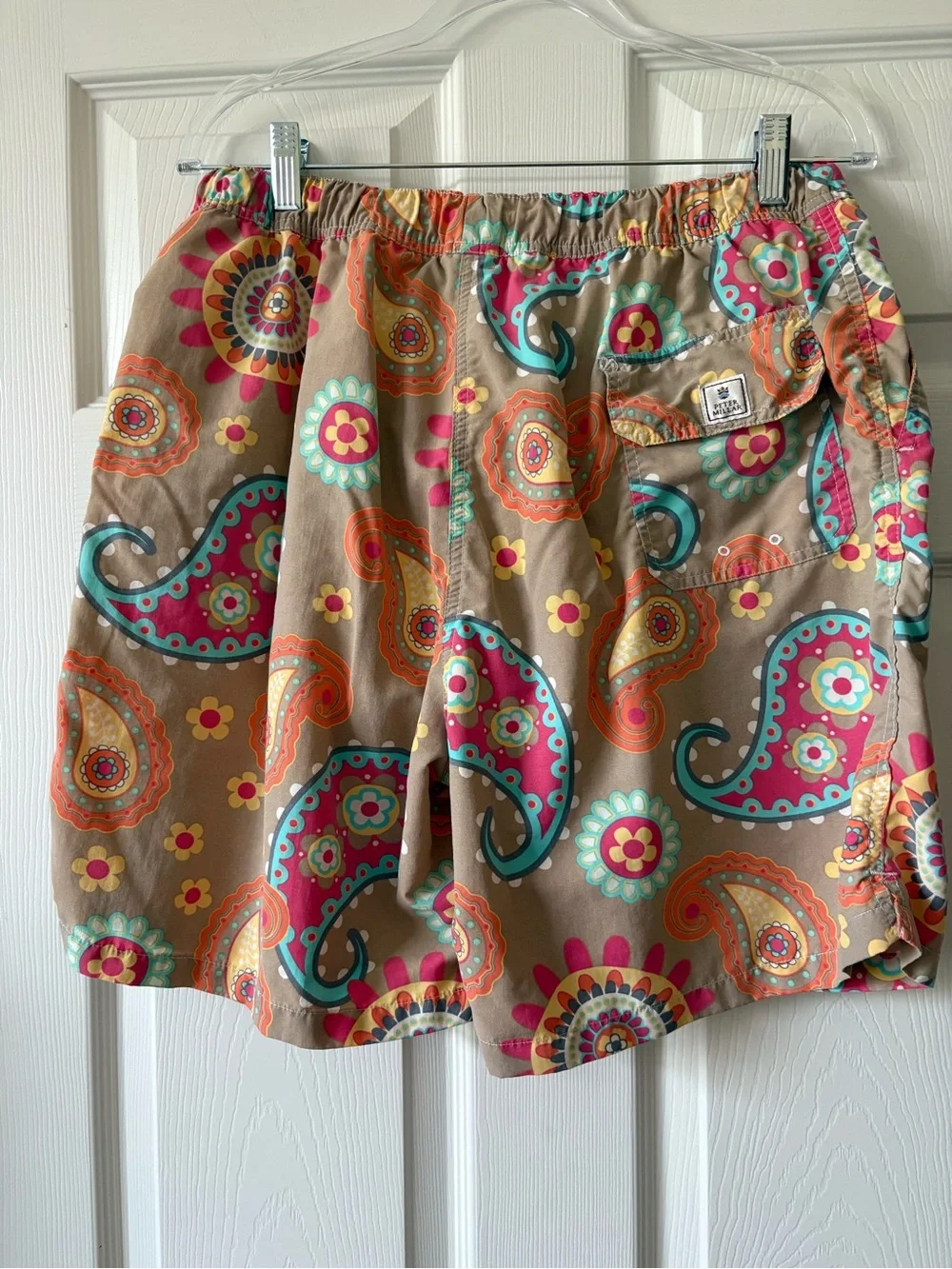 Peter Millar Men’s Paisley Print Drawstring Swim Trunks - Tan & Multicolor